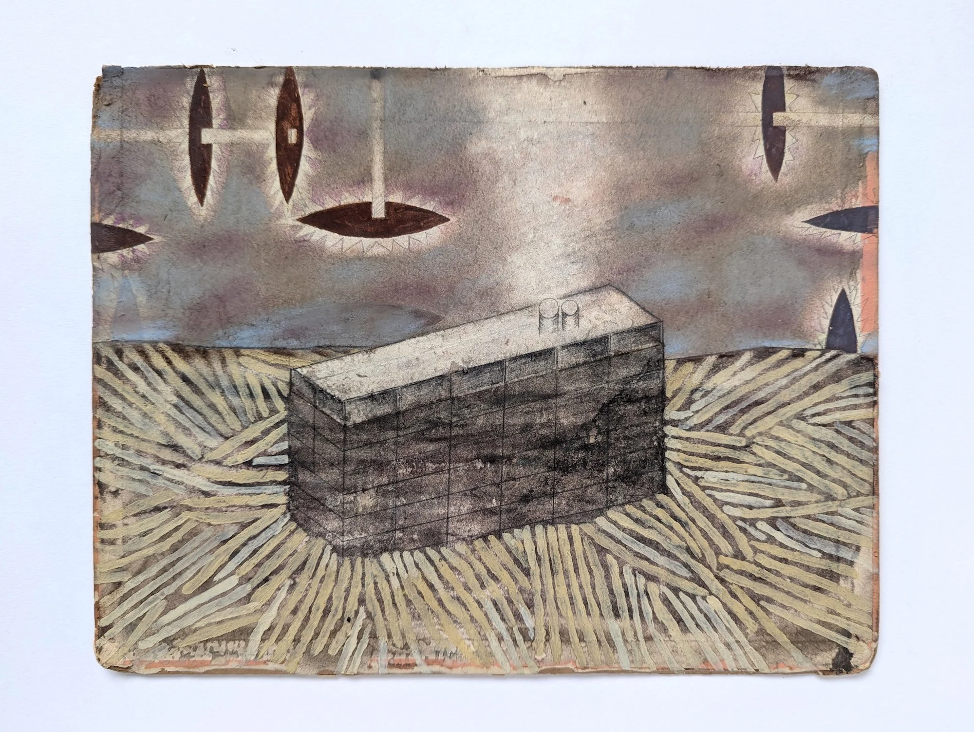 Holly Mills, speed of days, 2025, crayon, acrylique, tempera à l'œuf et pastel sec sur couverture de livre, 23 x 29 cm.