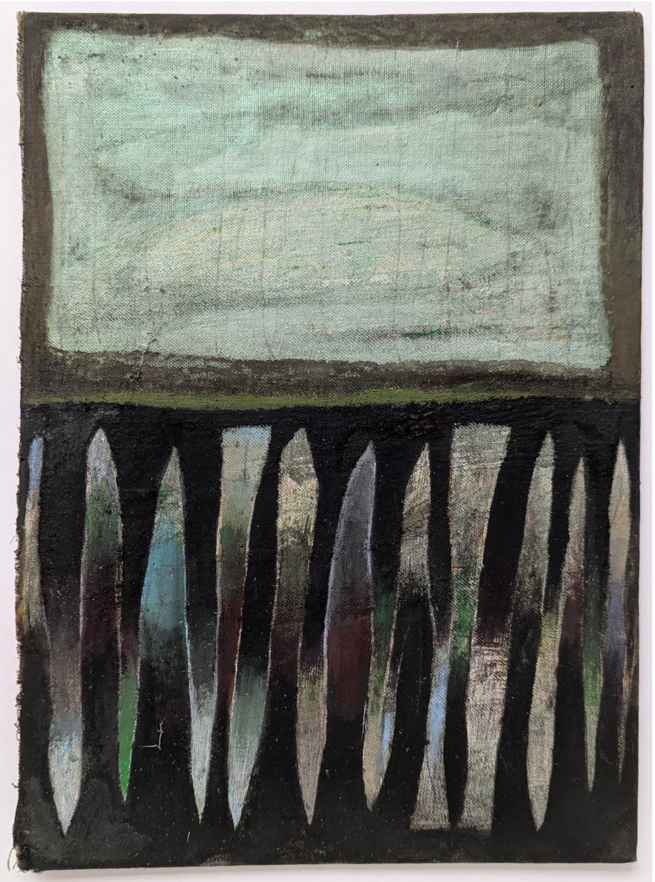 Holly Mills, February, 2026, tempera à l’oeuf, pastel à l’huile, acrylique et pastel sec sur couverture de livre, 25 x 18 cm