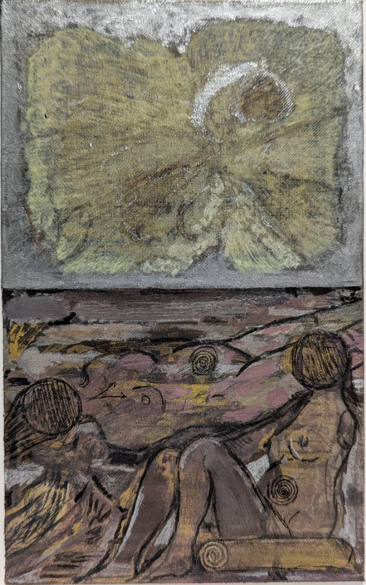 Holly Mills, "the wait", 2026, encre métallique, carbone et tempera à l'œuf sur couverture de livre, 20,5 x 13cm.
