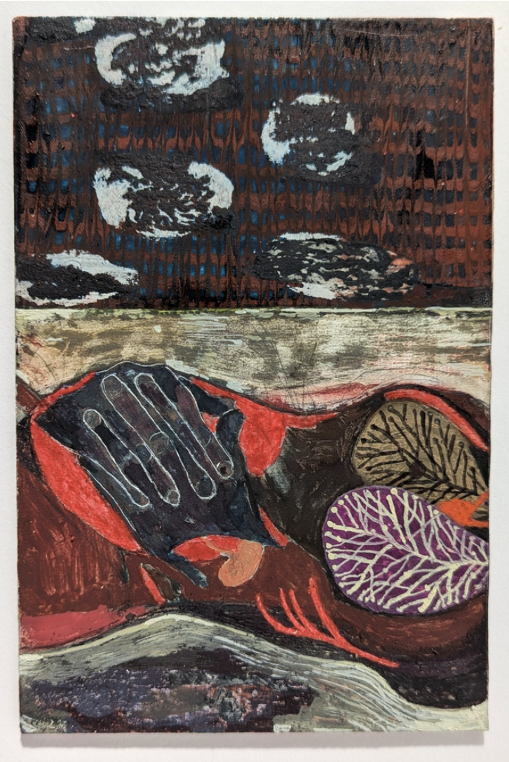 Holly Mills, "the deep parts pour onwards", 2026, cire à meuble et tempera à l'œuf sur panneau enduit (de gesso), 15 x 10 cm.