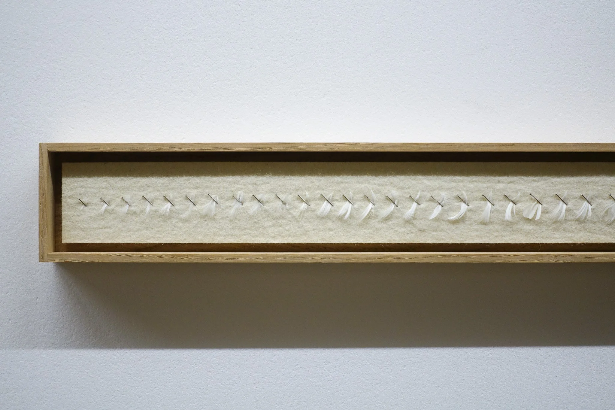 Malik Jeannet, Recollection of Sleep (for Ali) (détail), 2026, chêne, laine, viscose, aiguilles, plumes d’oreiller, 85 x 8,7 x 4,6 cm