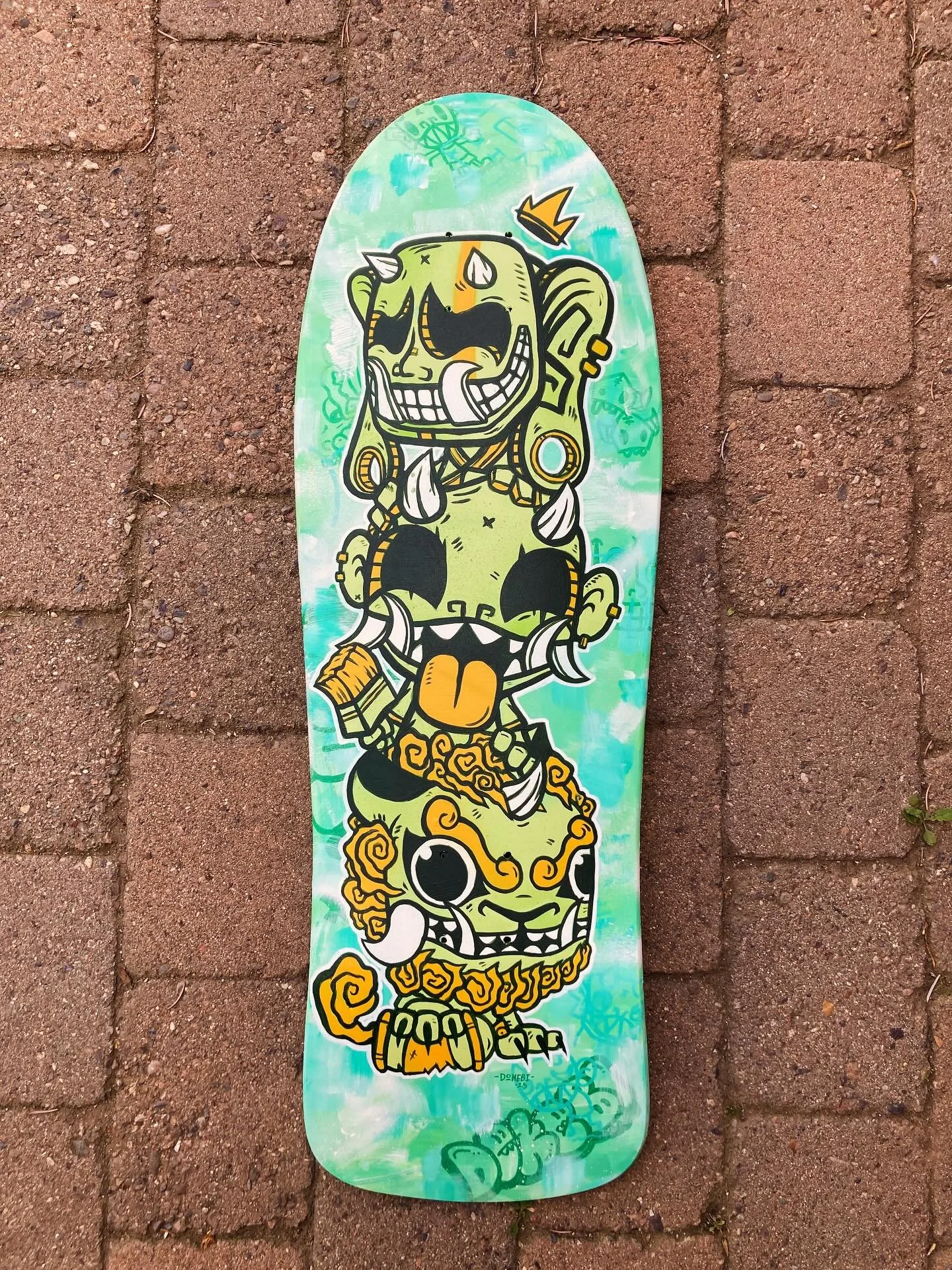 🔴SOLD🔴 &ldquo;Mischief Totem&rdquo; Green Edition, mixed media; spray paint, acrylic, paint pens on a skateboard. My submission for the &ldquo;All American Trash Skate Deck Show&rdquo; at @rotofugi opening this Saturday, June 7th, from 2pm to 8pm. 