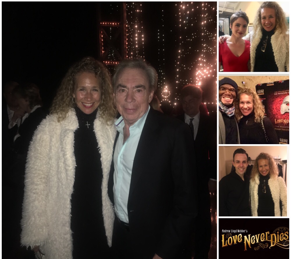A magnificent evening at the North American debut of Love Never Dies , the sequel to my favorite production ever, The Phantom of the Opera . That’s me with Lord Andrew Lloyd Webber, the creative genius behind this heart-pounding love story and soul-stirring score. Top right: Mary Michael Patterson, who plays Meg. Middle: my dear friend Lee Thomas. Bottom: Bronson Murphy, the actor who plays The Phantom!