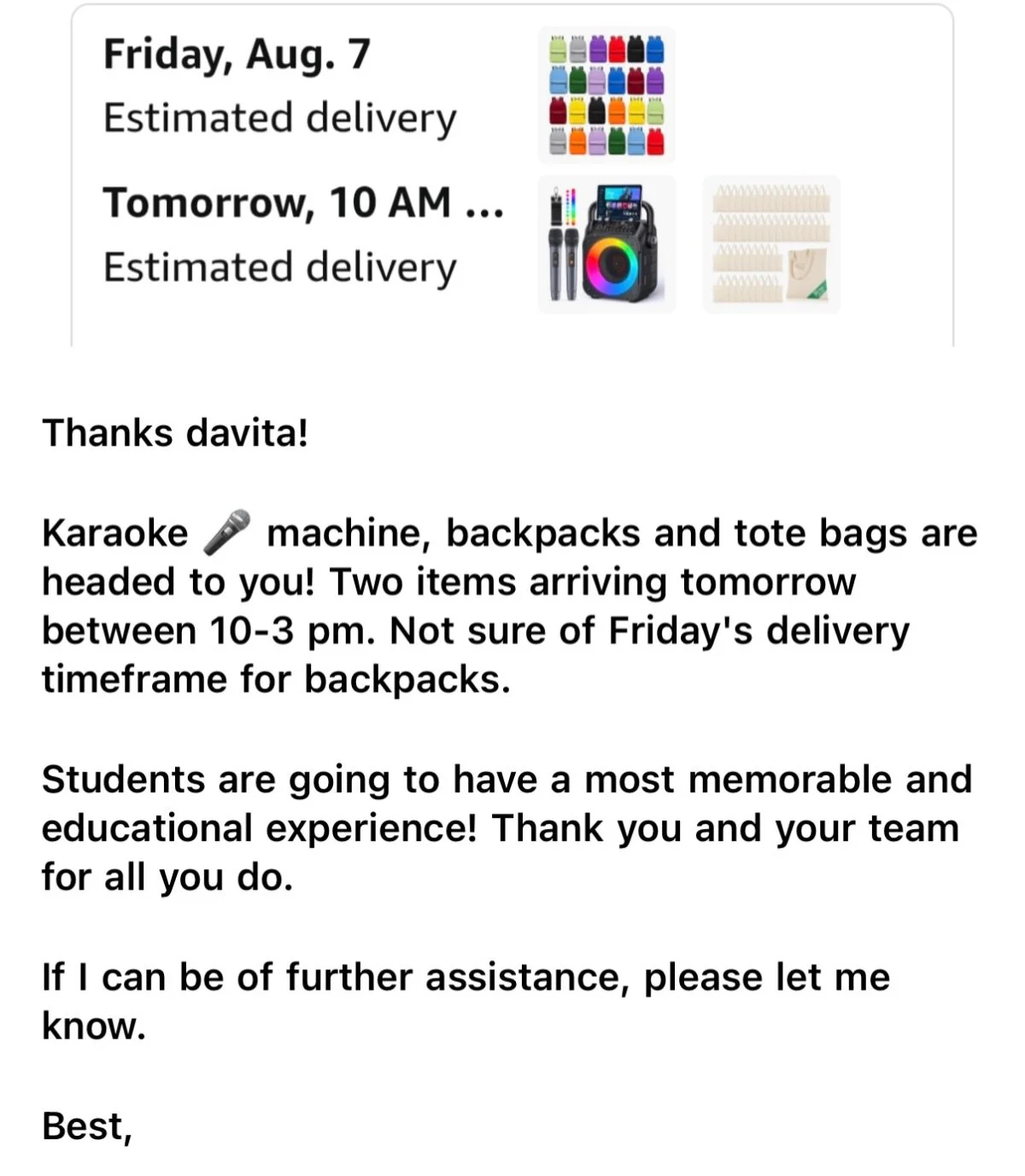 Sometimes an investment looks like a check. 🤑

Sometimes it looks like a connection. ⚡️

Sometimes it looks like backpacks, tote bags and a karaoke machine showing up at your door. 🥹💜

This message came after a supporter purchased items from our C