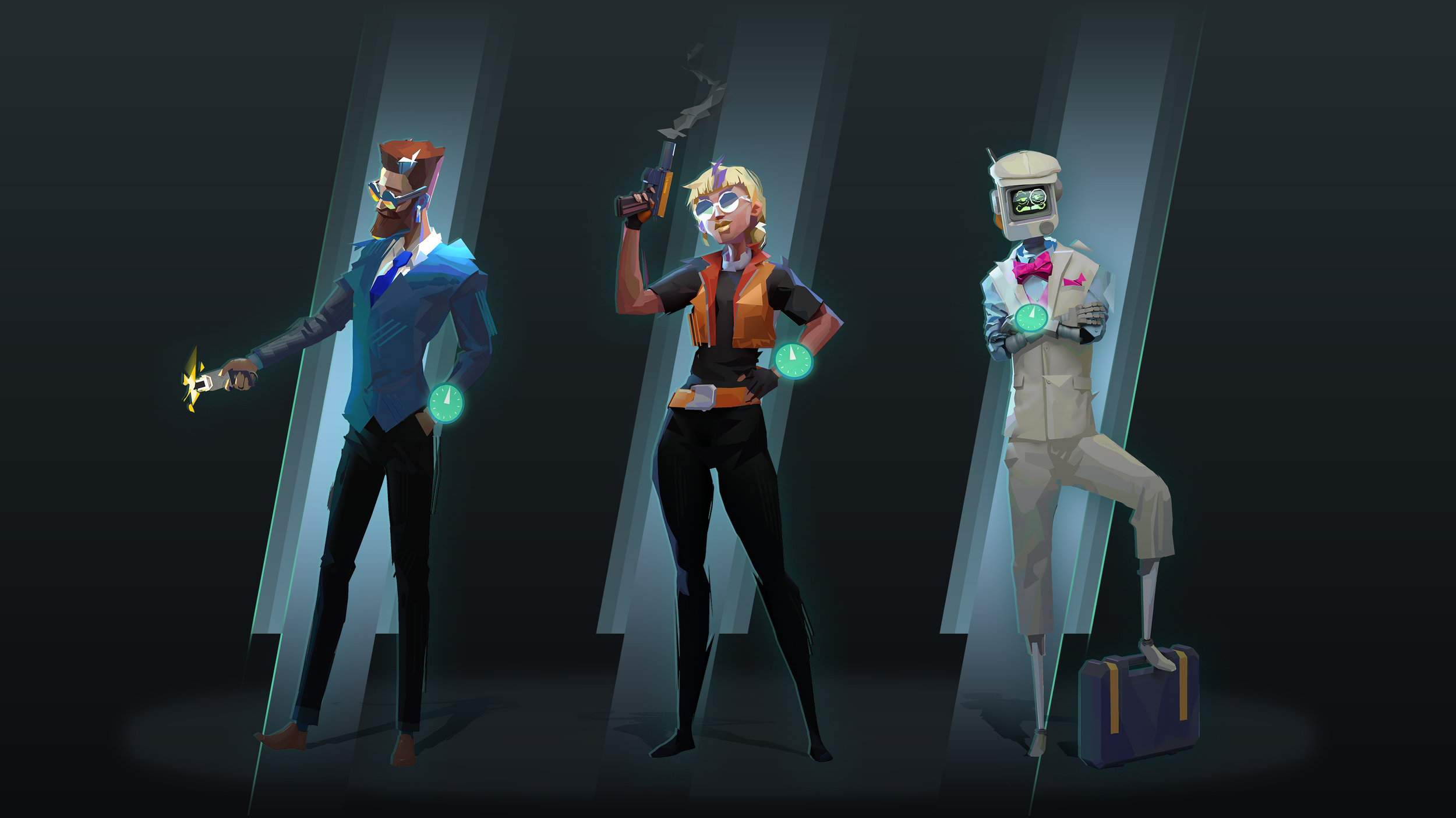 Los tres agentes jugables de Spymaster: TIC, Mulligan y OSCR