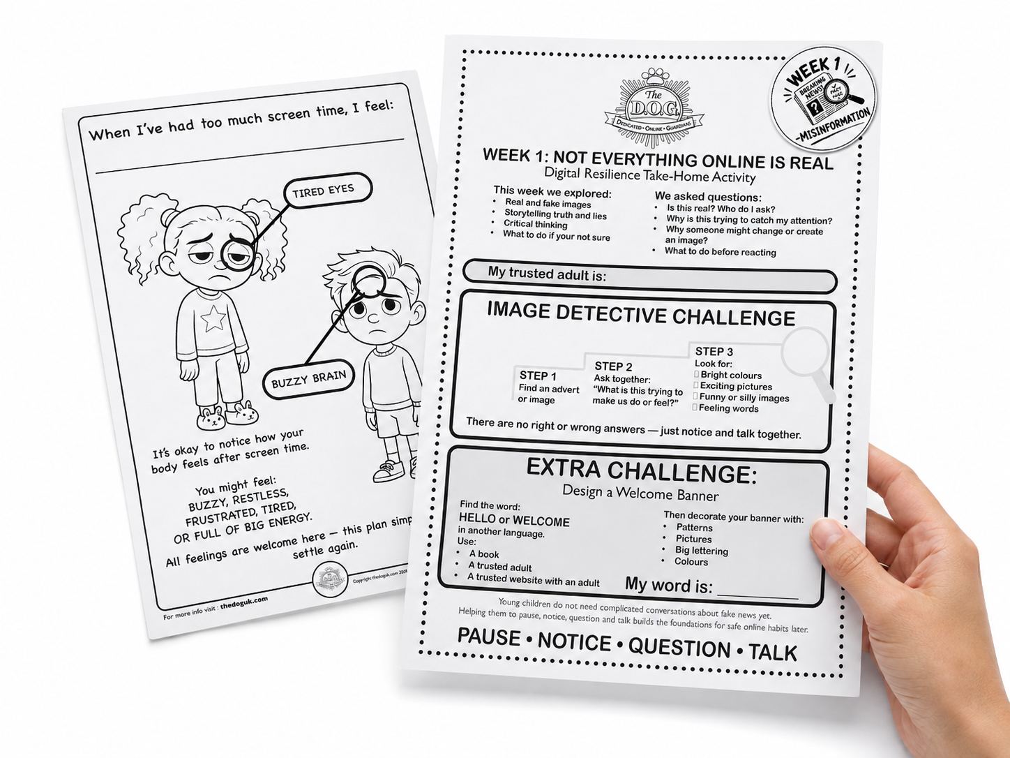 Hand holding a parent take home sheet.