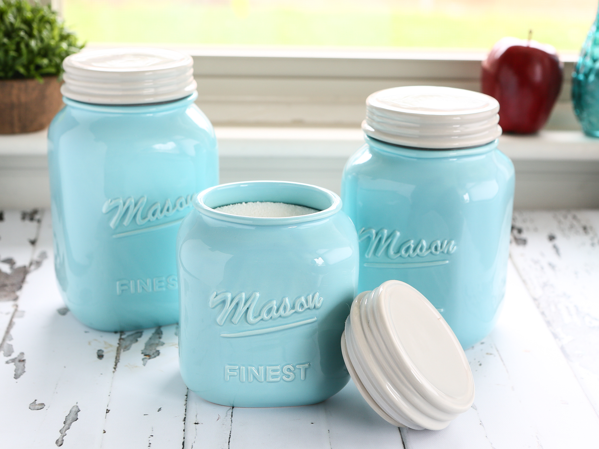 Set of Blue Ceramic Mason Jars Measuring Cups Kitchen Mason Jar Sparrow  Decor
