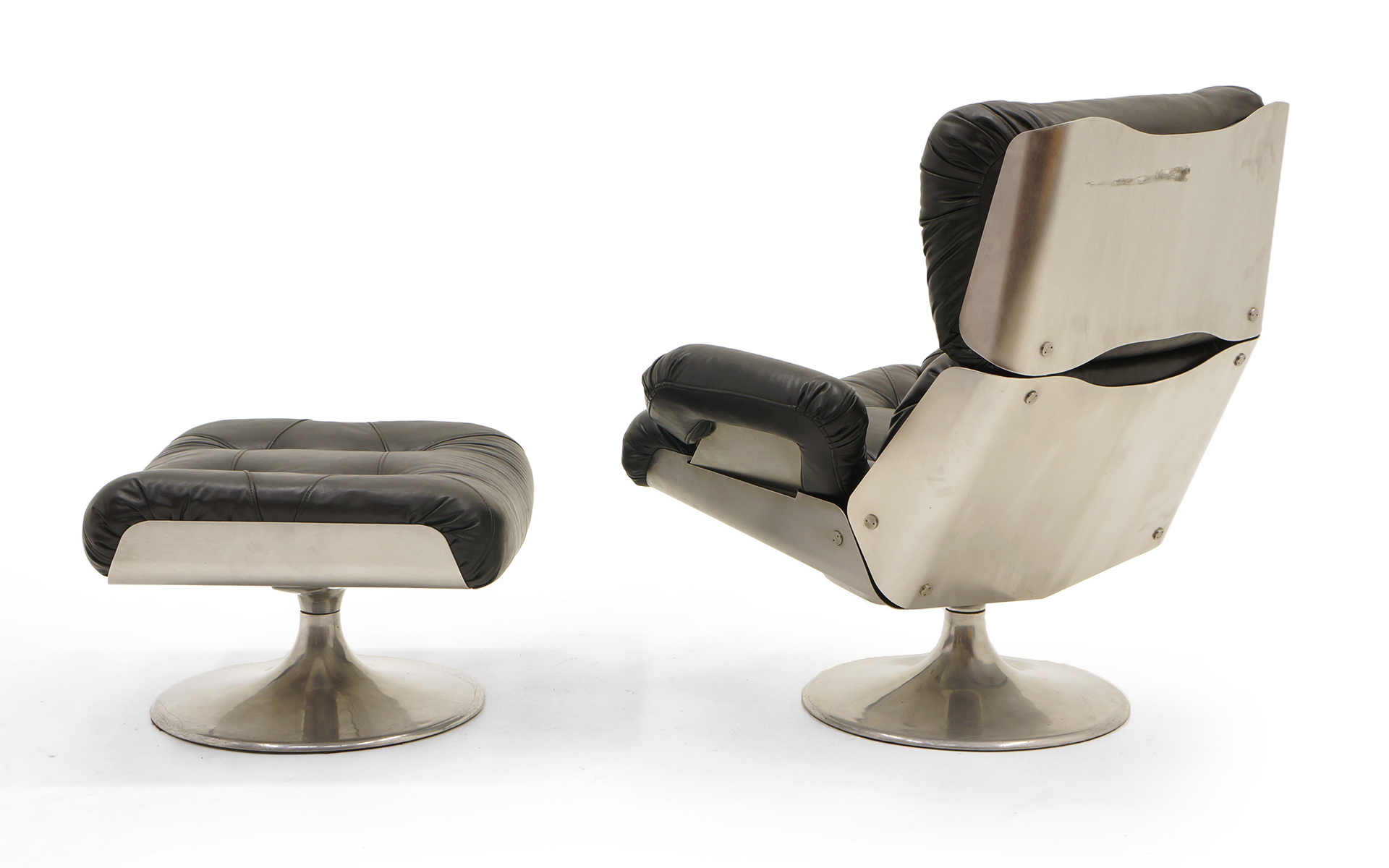 French Lounge Swivel Chair Ottoman Matte Chrome Cast Aluminum Black Vinyl Retro Inferno