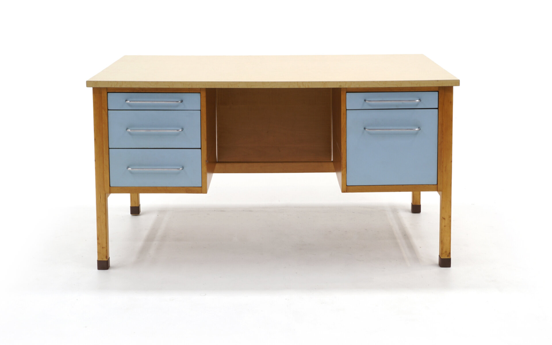 Desk by Jens Risom, Blonde Wood, Blue Drawer Fronts, Chrome Pulls, Laminate Top