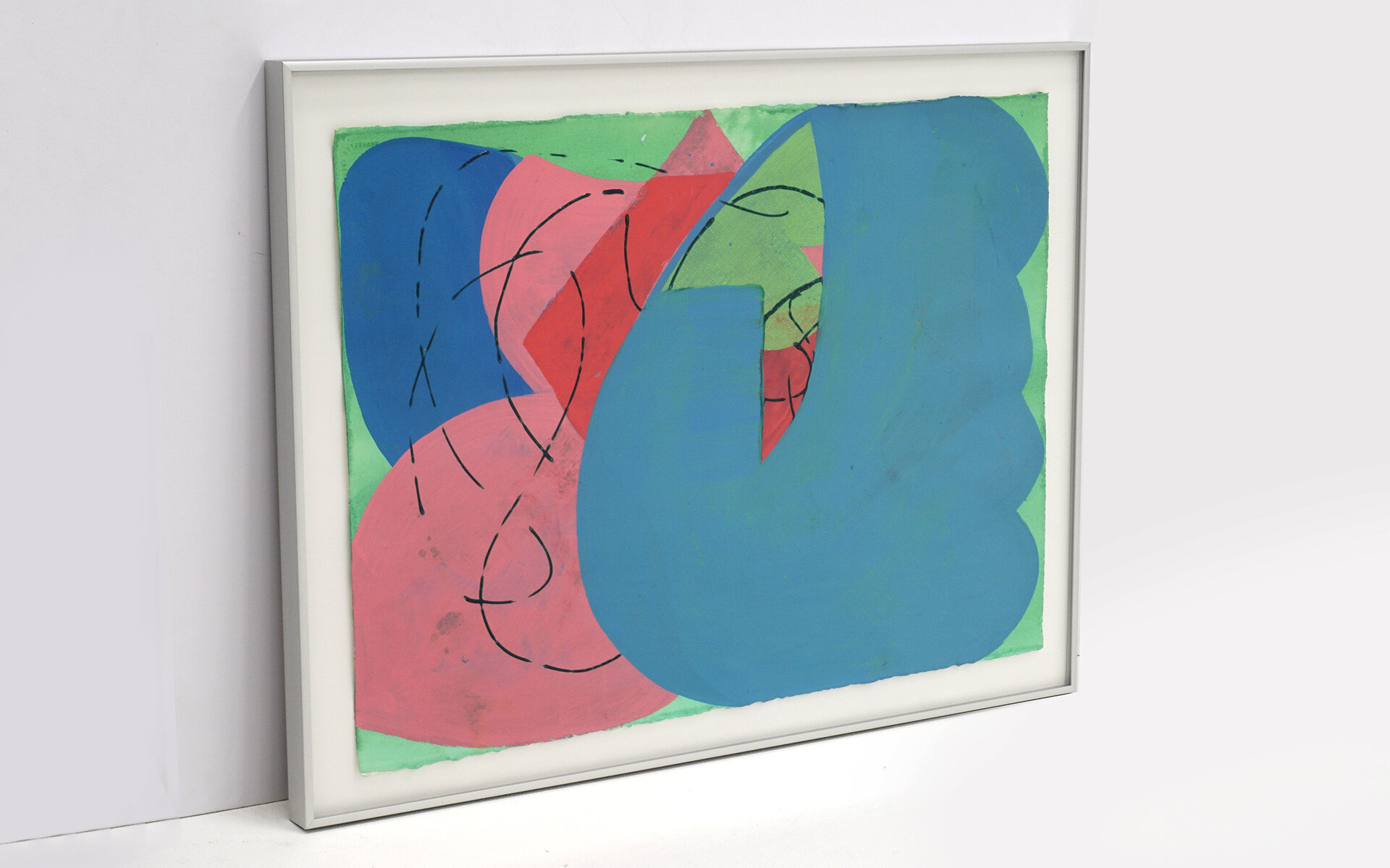 Lester Goldman Abstract Watercolor Painting, Blue, Pink, Green, and Red, Signed