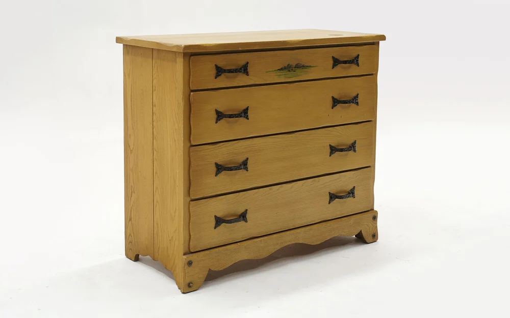 Monterey Four Drawer Dresser, Hand Painted Western Motif, Hand Crafted Oak   RETRO INFERNO