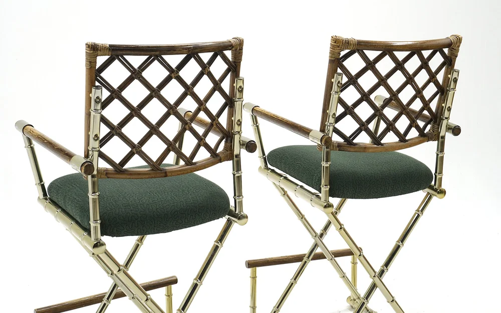 Pair Of Campaign Style Bar Stools W Backs Arms In Brass Bamboo And Rattan Retro Inferno Pair Of Campaign Style Bar Stools W, Stools With Backs And Arms