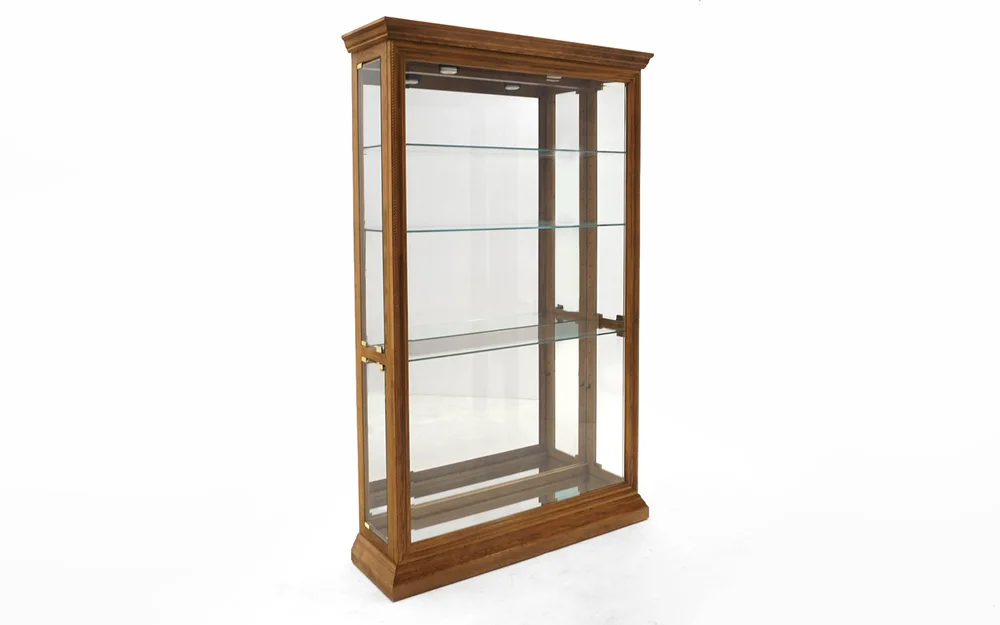 walnut and glass shelves Large Lighted Walnut and Glass Display Cabinet with Glass Shelves Brass  Detail — RETRO INFERNO