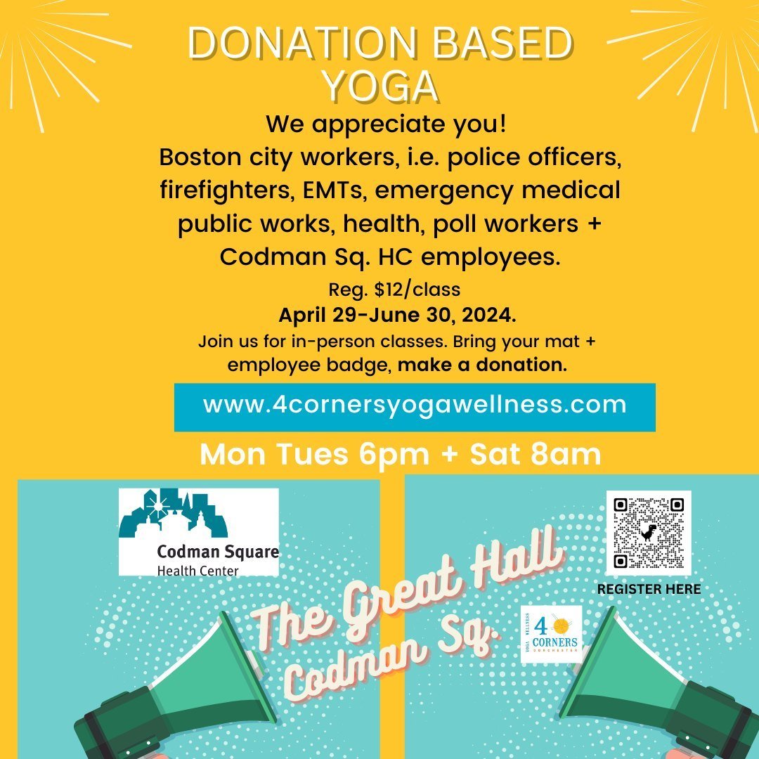 Join us today 4/29 until 6/30 at #codmansq #thegreathall for #donationbased yoga. This Spring we are spreading seeds of hope and thanks to @bostonfirefighters @bostonpolice @#4cornersyogawellness @cityofboston @codmansqHC we appreciate those who cont