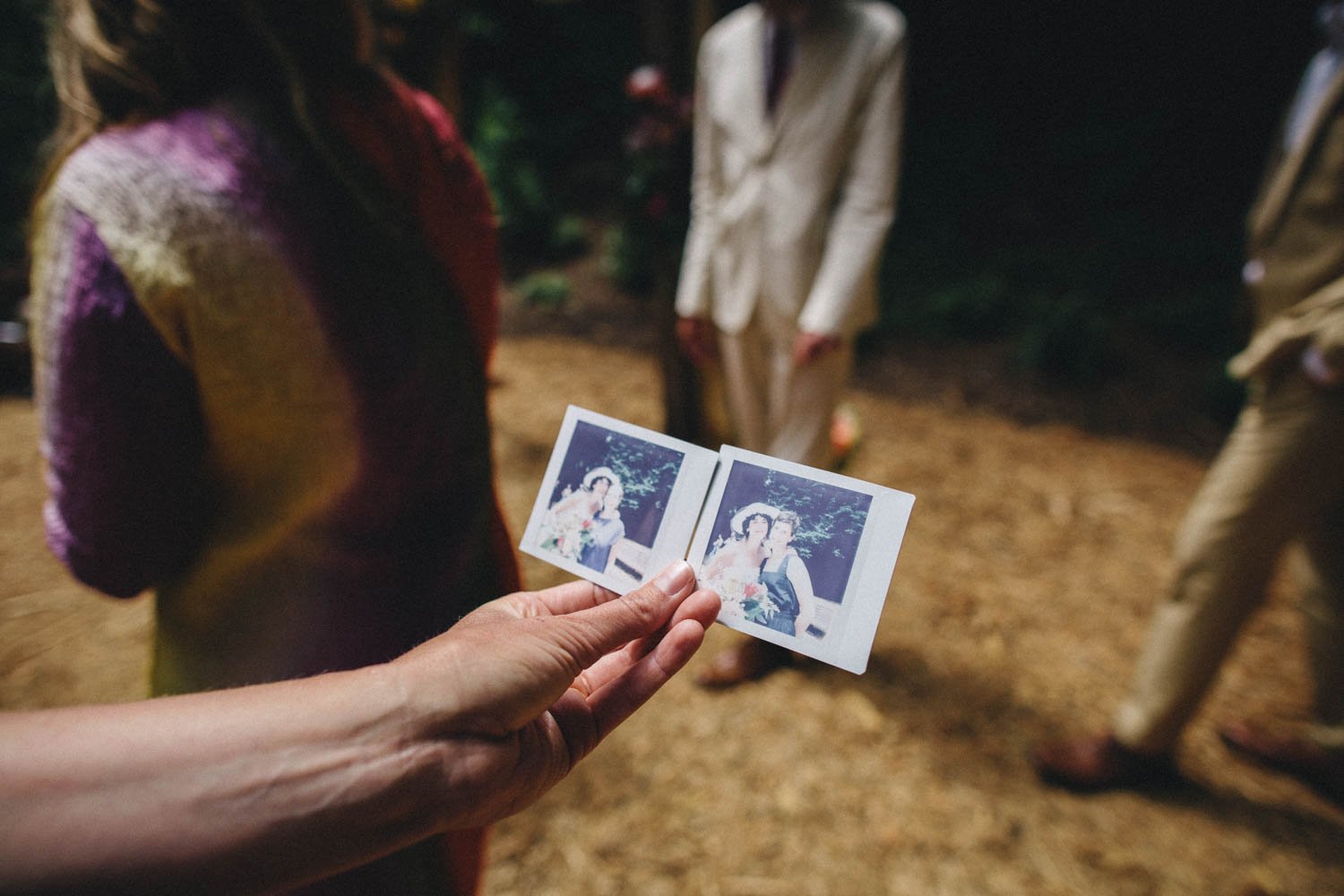 polaroid photos taken of a bride and sisters at her wedding at the san francisco botanical garden