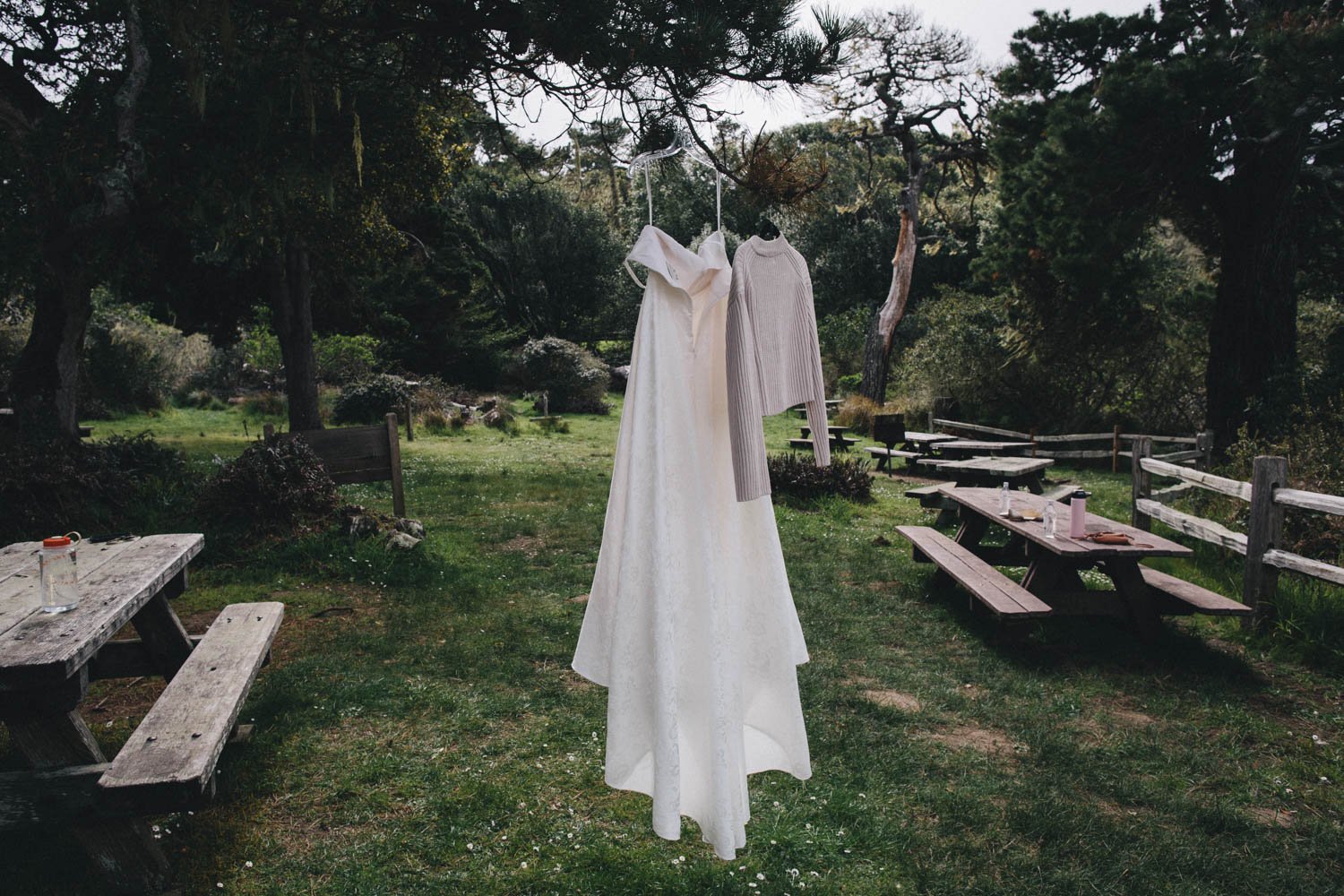 a wedding dress hung from a tree near the ceremony site