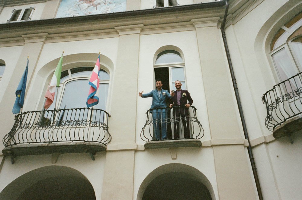 The grooms first moments after their wedding ceremony in Northern Italy