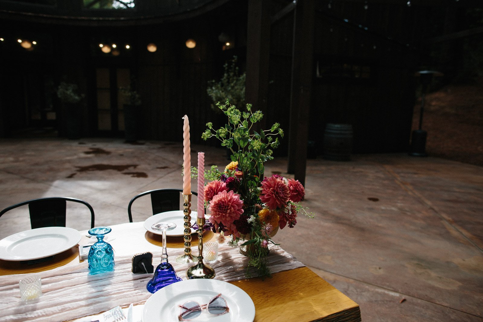 Table set with florals and candles in Mendocino