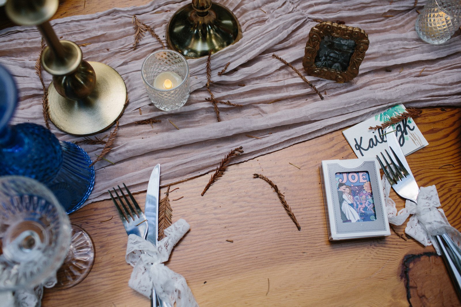Wedding table decor in the redwoods