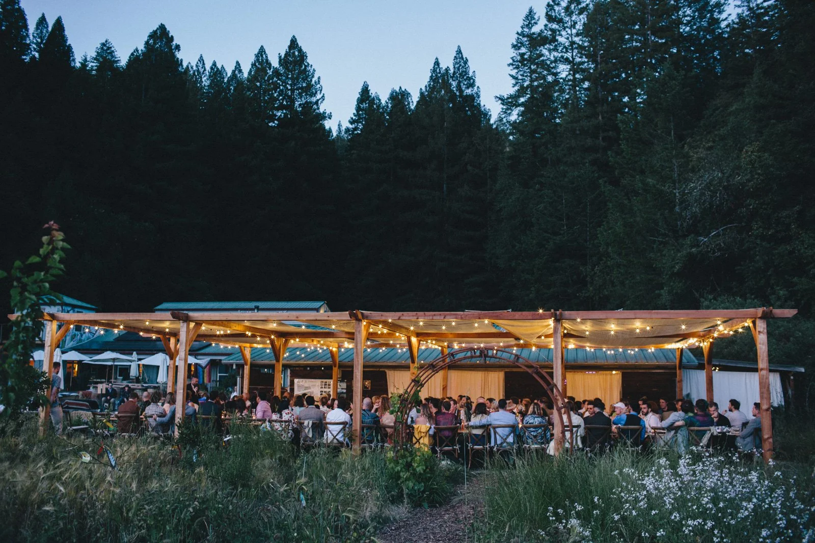 Blue hour wedding dinner at Solar Punk Farms