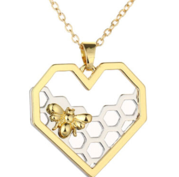 Natural Heart Shape Honeycomb Beehive Hive Honey Bee Pendant Charm Necklace 