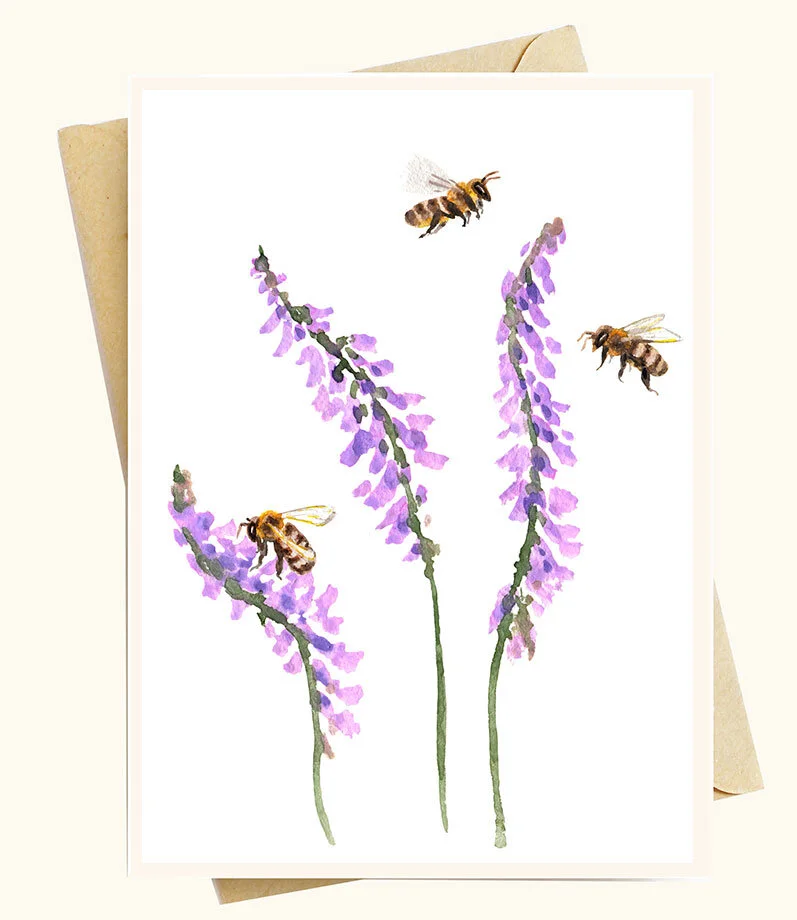 image of a vintage greeting card vintage note card with envelope depicting lavender bee beehive shoppe note cards watercolor stationery stationary