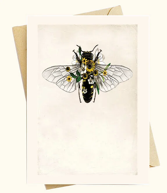 image of a vintage greeting card vintage note card with envelope depicting a vintage floral winged bee
