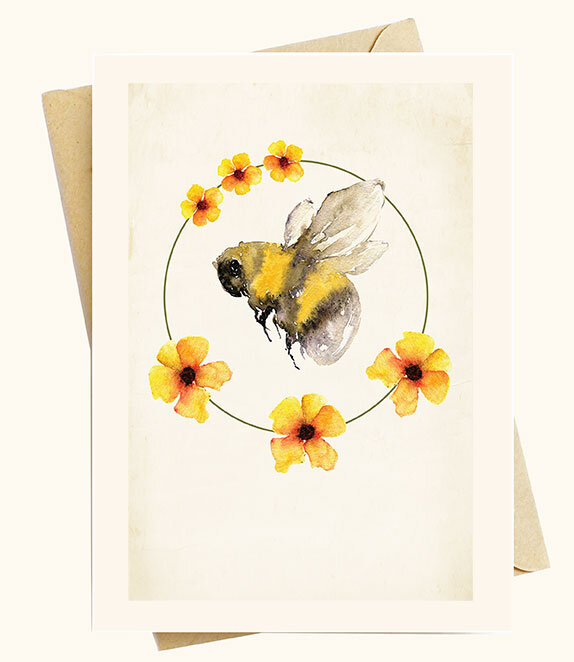 Bees Flowers Wicker Bird House EMBOSSED Small Blank Greeting Note Card NEW 