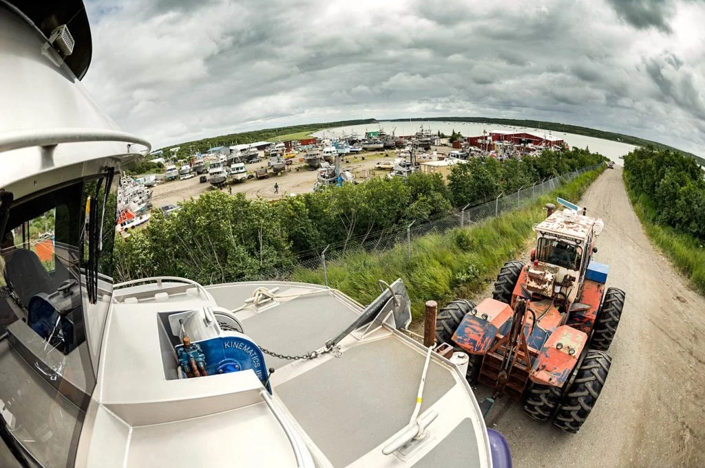 The F/V Icy Bay is trailered by tractor down to the Naknek River to be launched to start the 2016 Bristol Bay season.