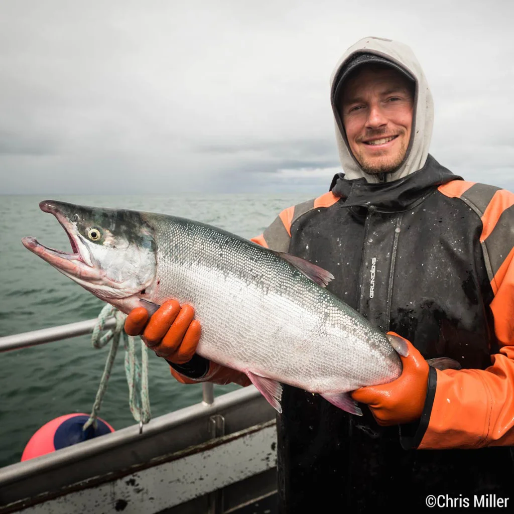 Jonathan Adams proudly holds a 10 lb sockeye, a bit bigger than the average of 5-6 pounds. Fishermen take pride in the health and vitality of the Bristol Bay sockeye run.
