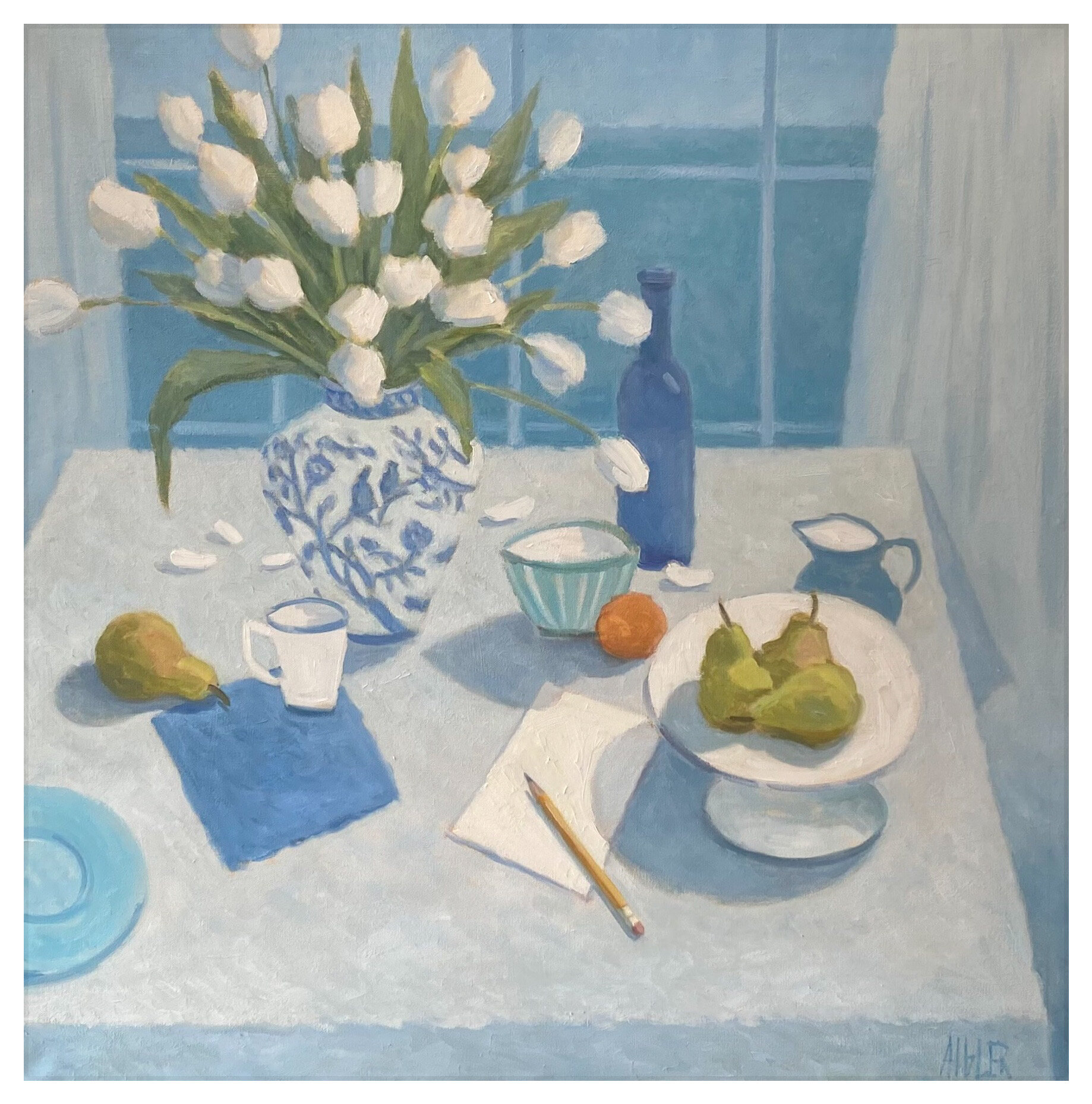 White Tulips in Blue and White Vase