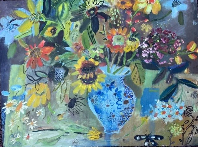 Our Picture of the Week is Elizabeth Endres’ “Autumn Like.” This painting is a great example of her trademark colorful interior, tablescape paintings featuring exuberant florals as well as interesting collectibles. Stop by for a clo