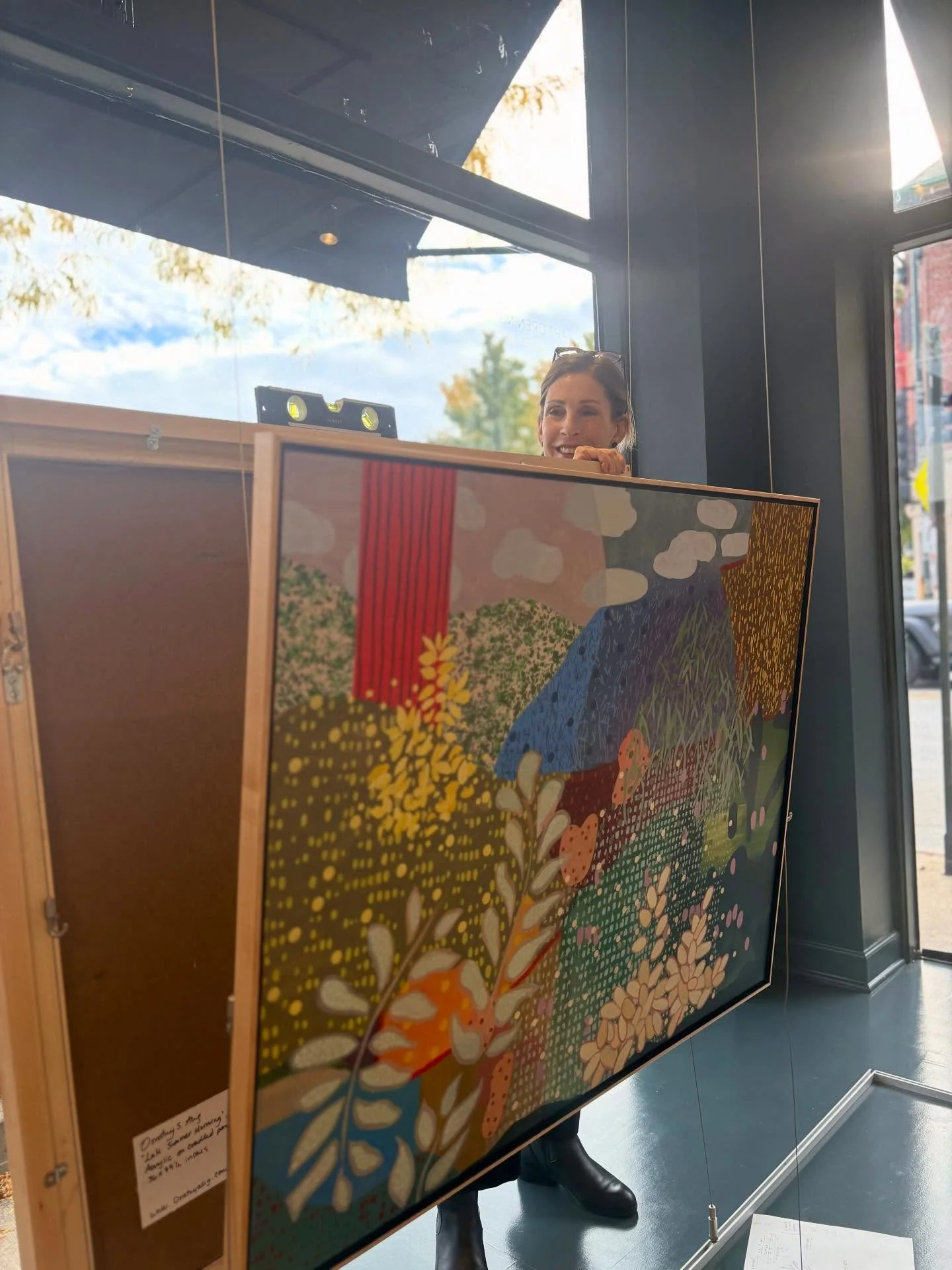 This afternoon, we&rsquo;ve been hanging our new exhibit for November, a show by Indianapolis artist @dorothystitesalig ! We&rsquo;re just putting the finishing touches on hanging it, so stop in and see this new work for yourself. 

We&rsquo;ll be ha