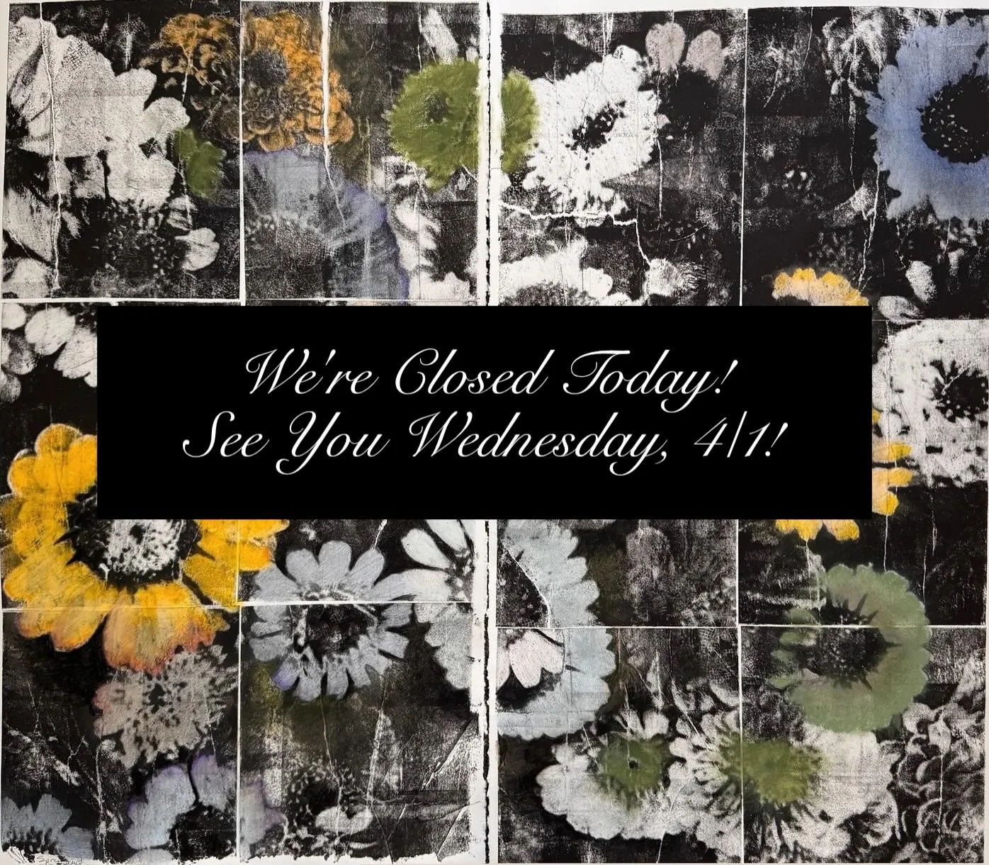 We&rsquo;re closed today! We&rsquo;ll see you at the gallery on Wednesday, 4/1 with a new show in the windows!

#ClosedToday #SeeyouWednesday #newshowcoming VividArtGallery #art