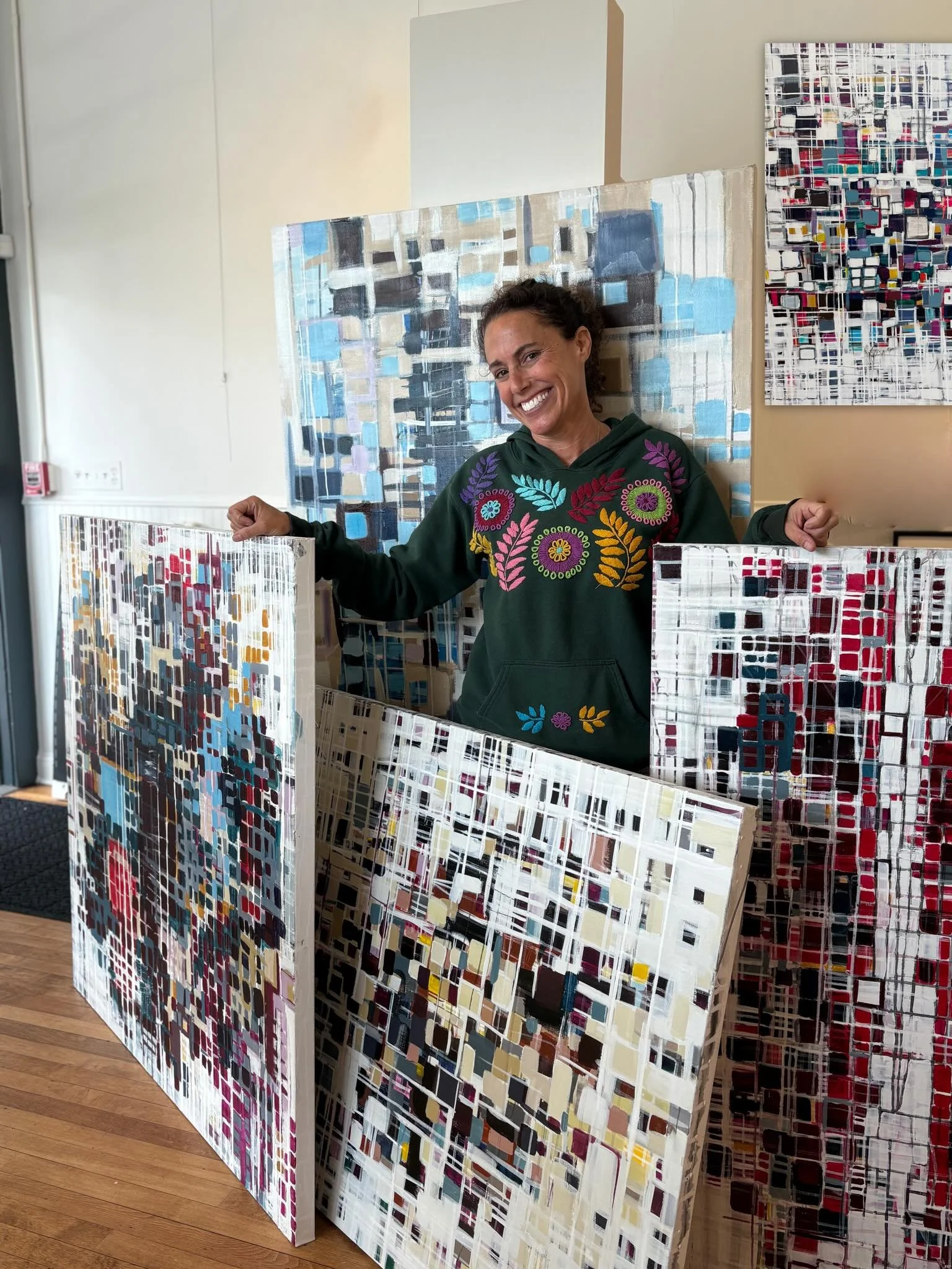 Today, we&rsquo;re hanging a new show by May Featured Artist @erinnkaya Kaya! Erin&rsquo;s abstract work is defined by a strong use of color and geometric shapes, specifically lines and squares. We will be hosting a First Friday opening for this exhi