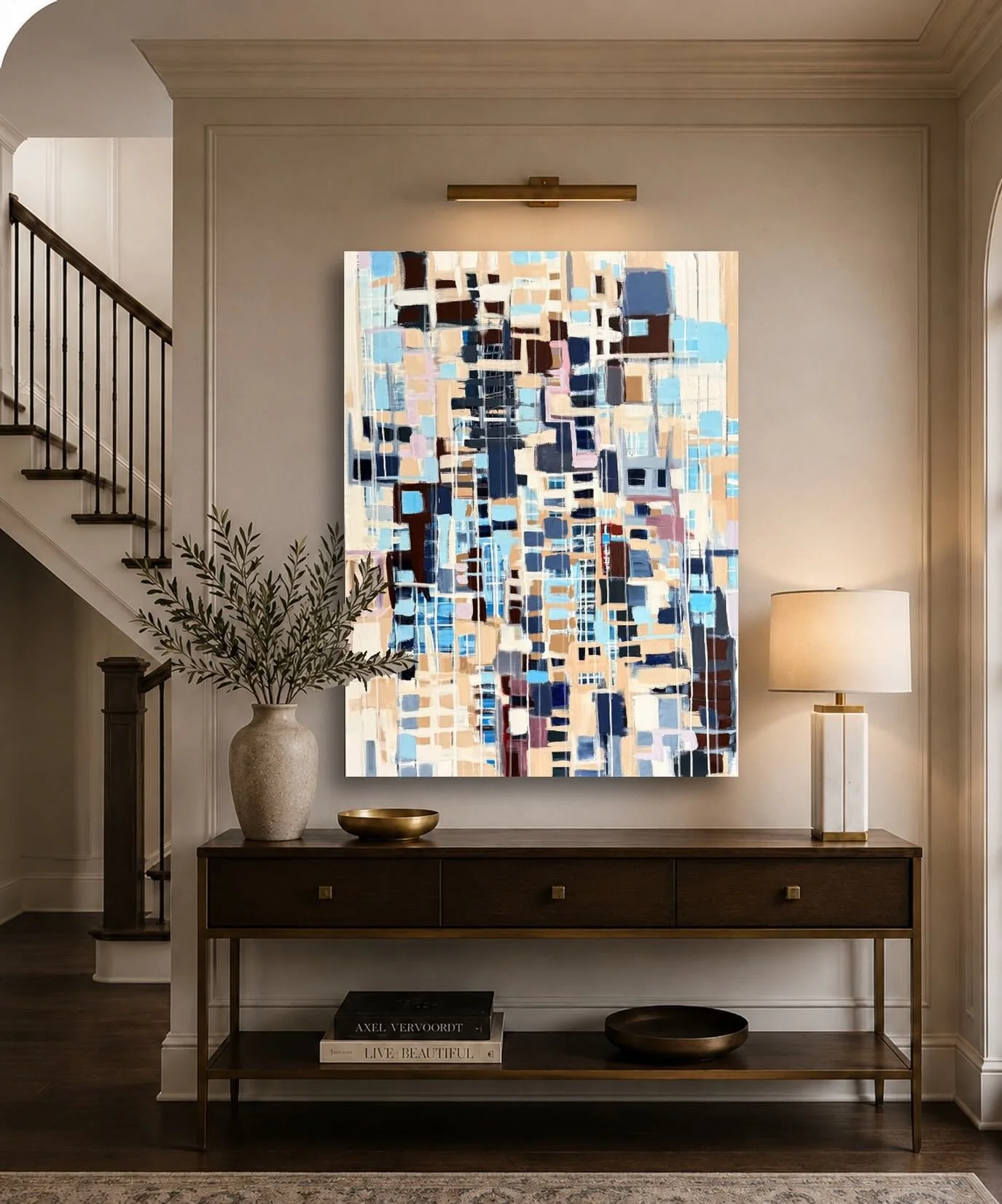 Two weeks left to see @erinnkaya &lsquo;s May exhibit &ldquo;Atmopheric Geometry.&rdquo; This painting, which is part of the current show, looks perfect in this space, doesn&rsquo;t it? It&rsquo;s still available - come in for a look (or take it home