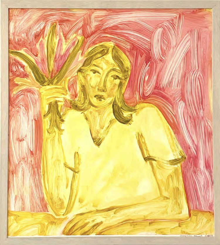 Girl With Red Background Holding Bouquet