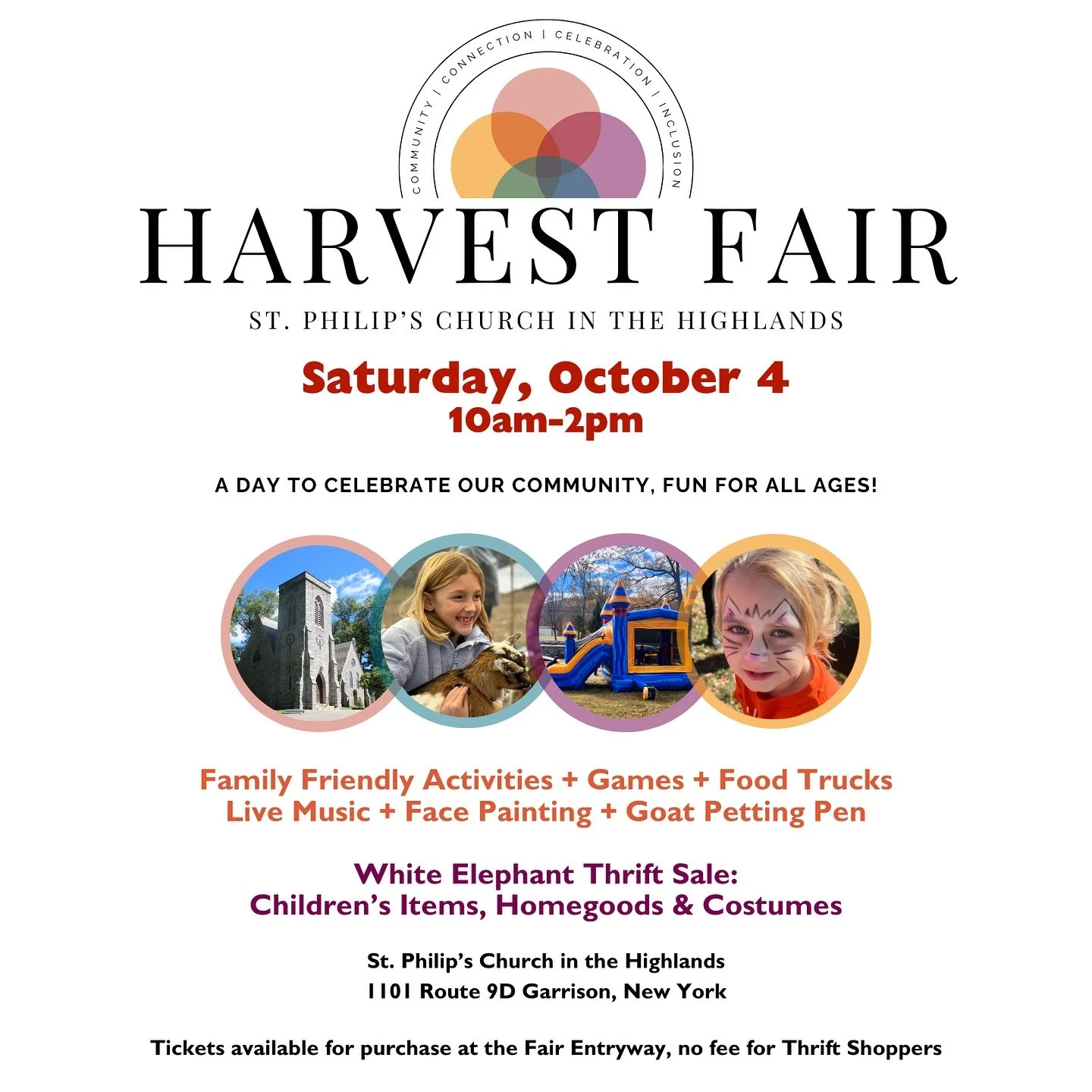 We&rsquo;d love for you to join us Saturday, October 4th from 10am to 2pm for our annual Harvest Fair and White Elephant Thrift Event! We&rsquo;ll have live music, face painting, food trucks, art projects, story time, games, a bounce house, a baby go