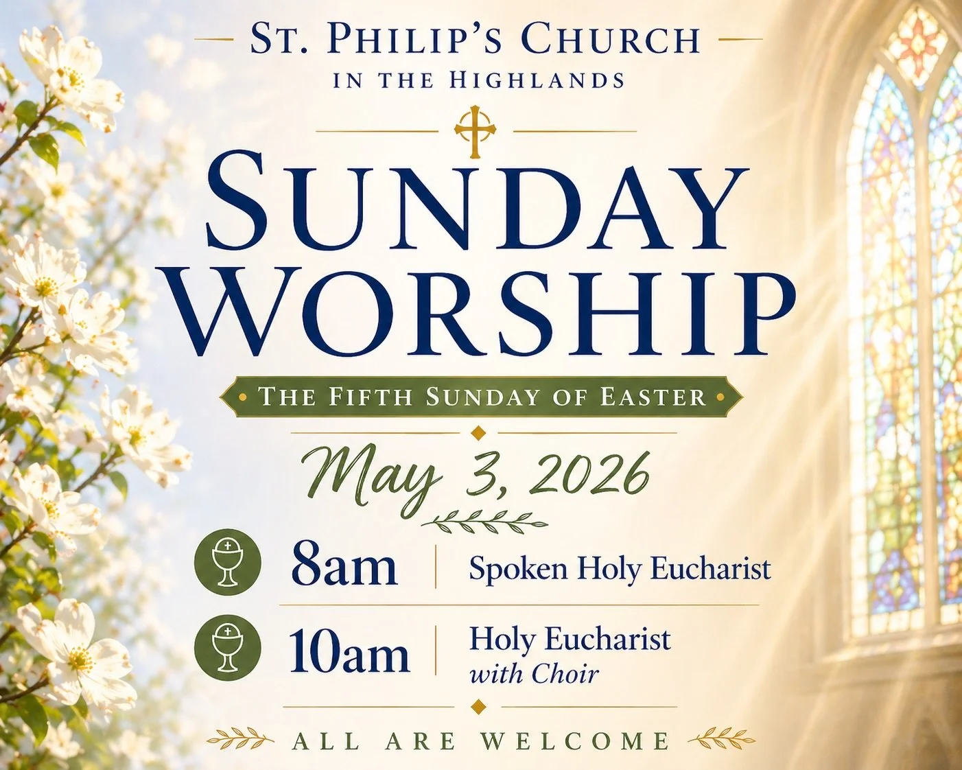 Join us this Sunday, May 3 for worship at St. Philip&rsquo;s Church in the Highlands.

🕊 8am Holy Eucharist (spoken)
🌿 10am Holy Eucharist (with choir)

All are welcome &mdash; come as you are.

#episcopal #episcopalchurch #episcopalians #philipsto