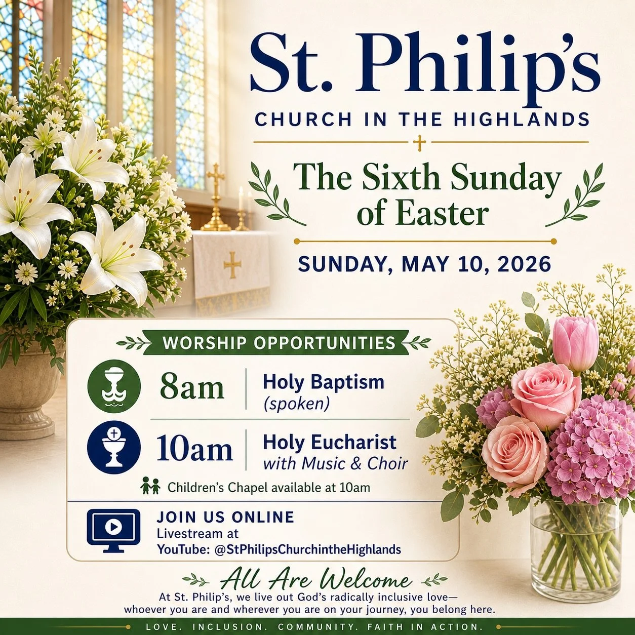 Alleluia! We continue in the joy of Easter this Sunday at St. Philip&rsquo;s 🌿

Join us for worship, community, and celebration:
🕊️ 8am &ndash; Holy Baptism (spoken)
🎶 10am &ndash; Holy Eucharist with Music &amp; Choir

In this Easter season, we g