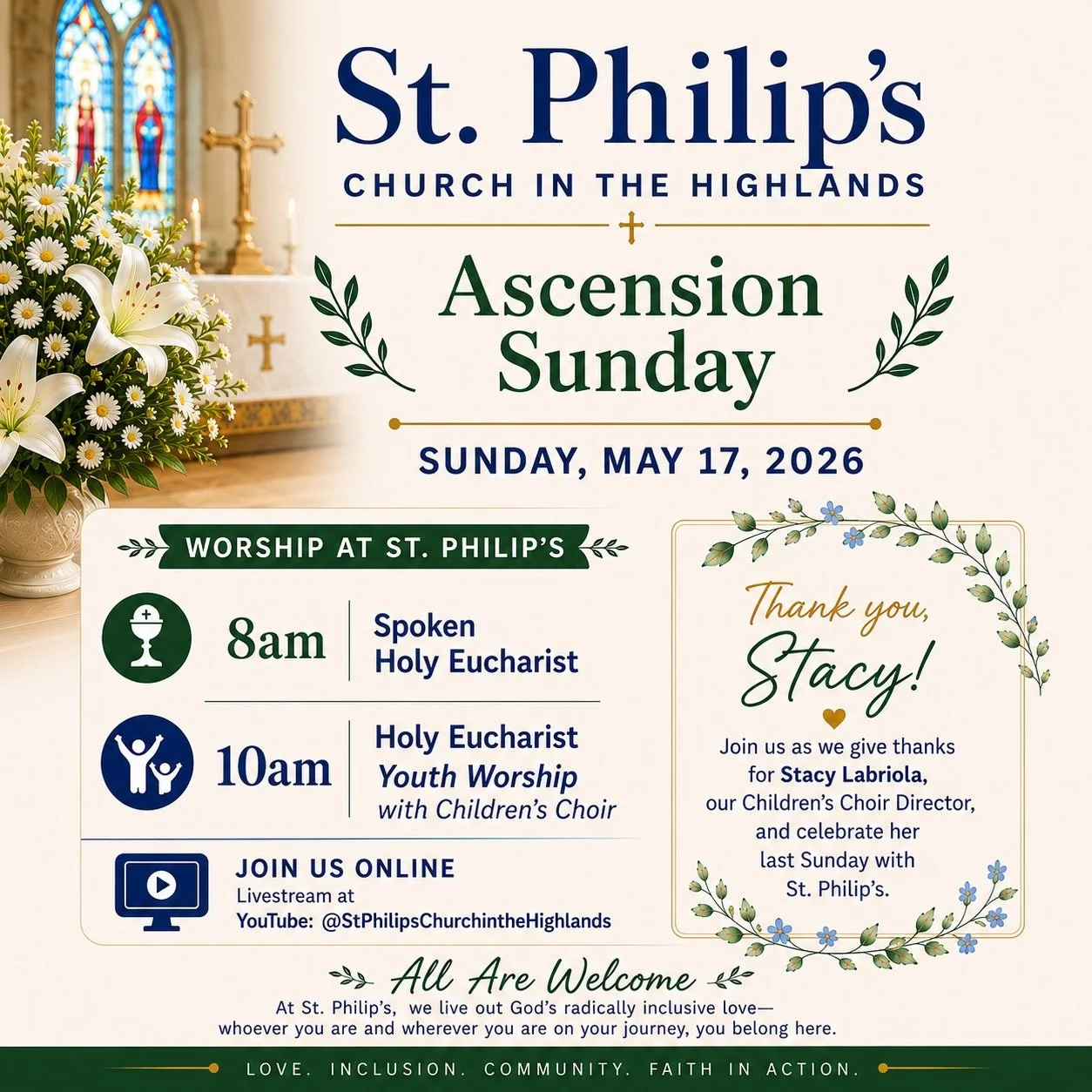 🌿 Join us this Sunday at St. Philip&rsquo;s Church in the Highlands as we celebrate Ascension Sunday!

🕊️ 8am &mdash; Spoken Holy Eucharist
🎶 10am &mdash; Holy Eucharist &amp; Youth Worship with Children&rsquo;s Choir

This Sunday also marks the f