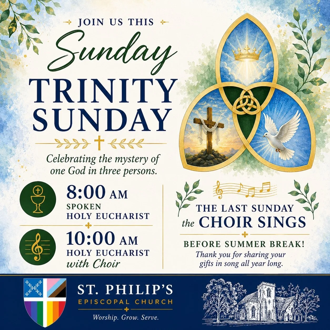 ✝️ Join us this Sunday at St. Philip&rsquo;s as we celebrate Trinity Sunday &mdash; the mystery of one God in three persons.

🕊️ Worship with us:
⛪ 8am &mdash; Spoken Holy Eucharist
🎶 10am &mdash; Holy Eucharist with Choir

This Sunday is also our 