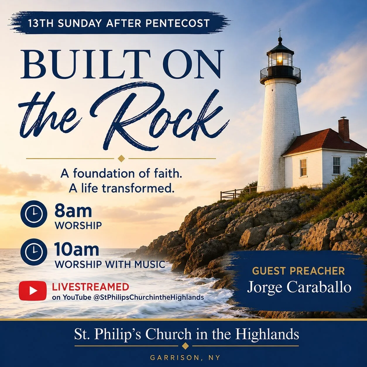 Built on the Rock. 🪨

This Sunday, we gather for the 13th Sunday after Pentecost as we reflect on what it means to build our lives and our community on a foundation of faith.

Jorge Caraballo will be our guest preacher, and our 10am worship will inc