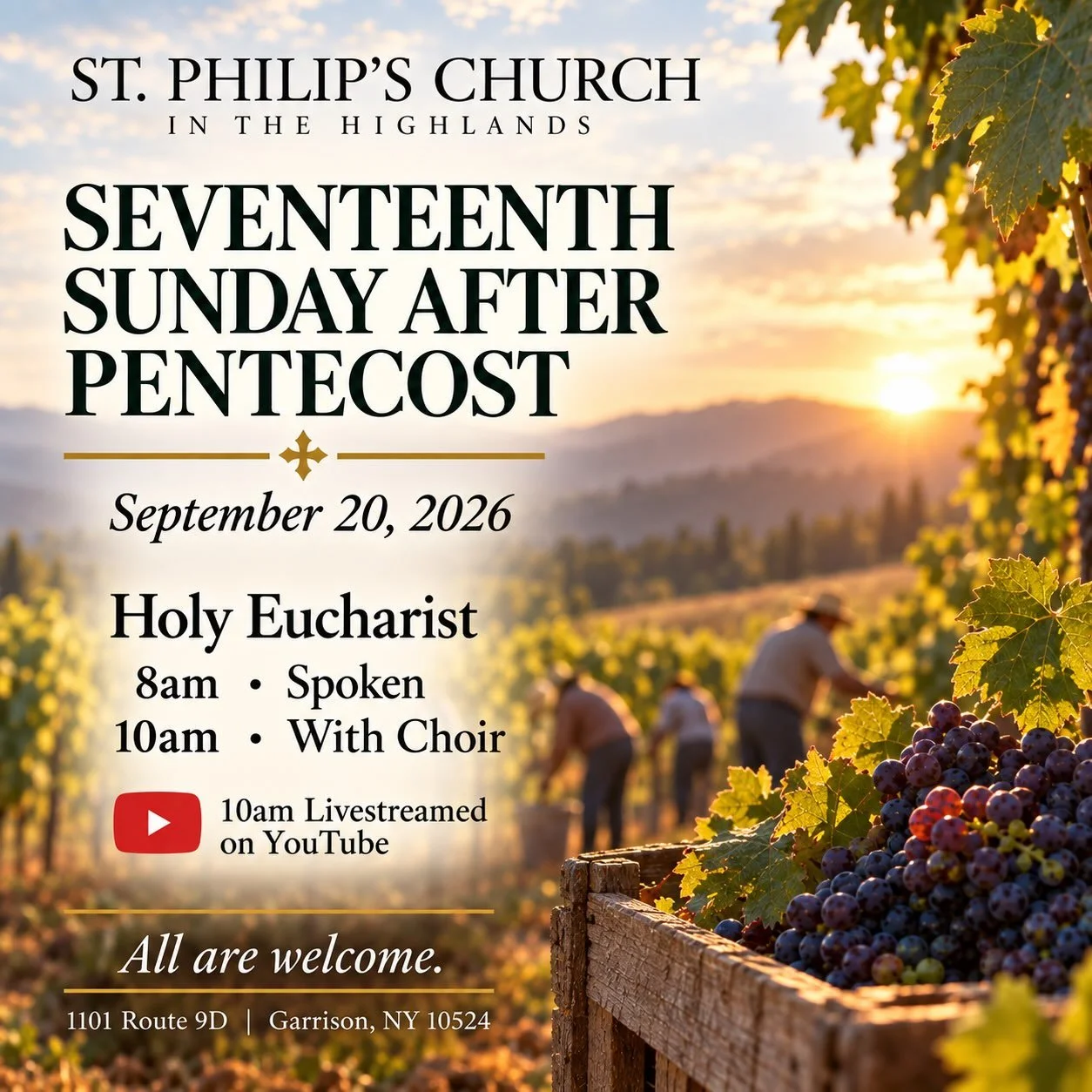 🍇 Join us for worship this Sunday at St. Philip&rsquo;s!

This Sunday, we gather for the Seventeenth Sunday after Pentecost and hear Jesus&rsquo; parable of the laborers in the vineyard&mdash;a story that challenges our ideas about fairness and remi