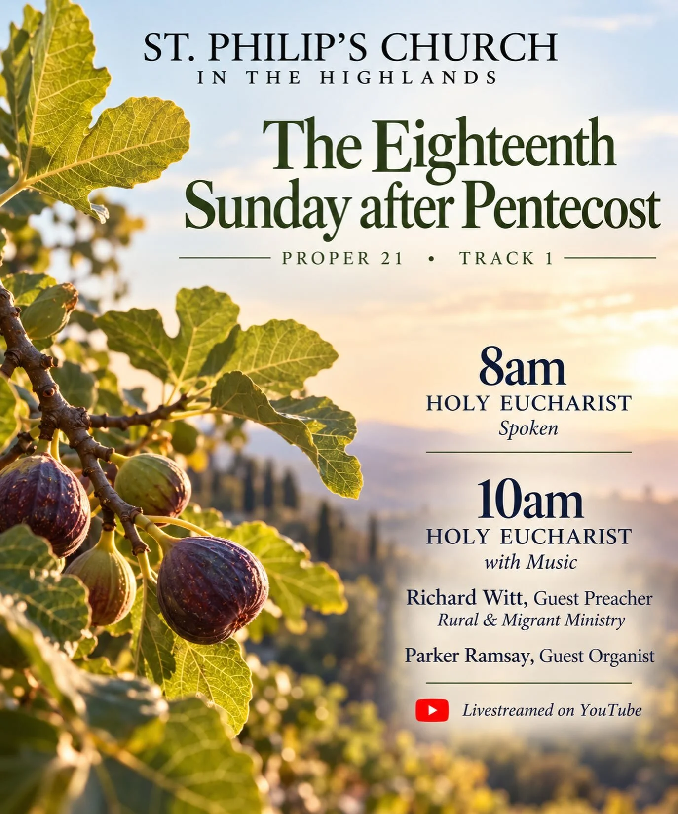 Join us this Sunday, September 27, for the Eighteenth Sunday after Pentecost at St. Philip&rsquo;s.

⛪ 8am &mdash; Holy Eucharist
🎶 10am &mdash; Holy Eucharist with Music
🎙️ Richard Witt, Guest Preacher, Rural &amp; Migrant Ministry
🎹 Parker Ramsa