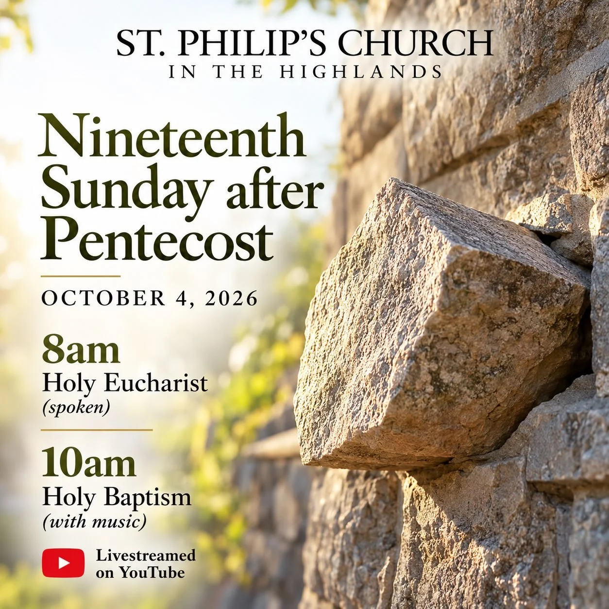 Join us this Sunday, October 4, as we gather for the Nineteenth Sunday after Pentecost and celebrate a special Holy Baptism at our 10am worship.

⛪ 8am &mdash; Holy Eucharist (spoken)
🎶 10am &mdash; Holy Baptism (with music)
📺 10am worship is lives