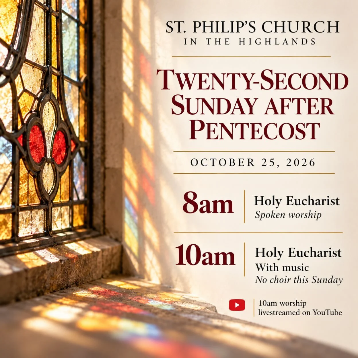 ❤️ Join us this Sunday, October 25, at St. Philip&rsquo;s!

Come worship with us as we gather in faith and celebrate God&rsquo;s love.

🕊️ 8am &mdash; Holy Eucharist (spoken)
🎶 10am &mdash; Holy Eucharist with music

The 10am worship will be livest