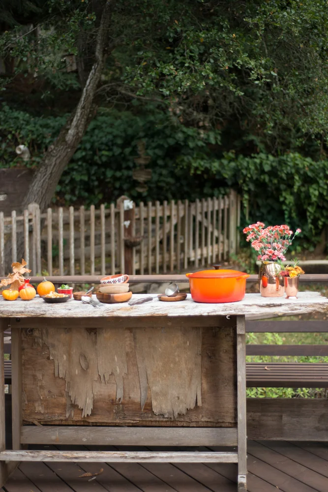 We set up everything on our bar outside for a buffet. The soup did well and stayed hot in this big Dutch oven, but you could also serve it in a slow cooker to keep it warm for a longer period of time.
