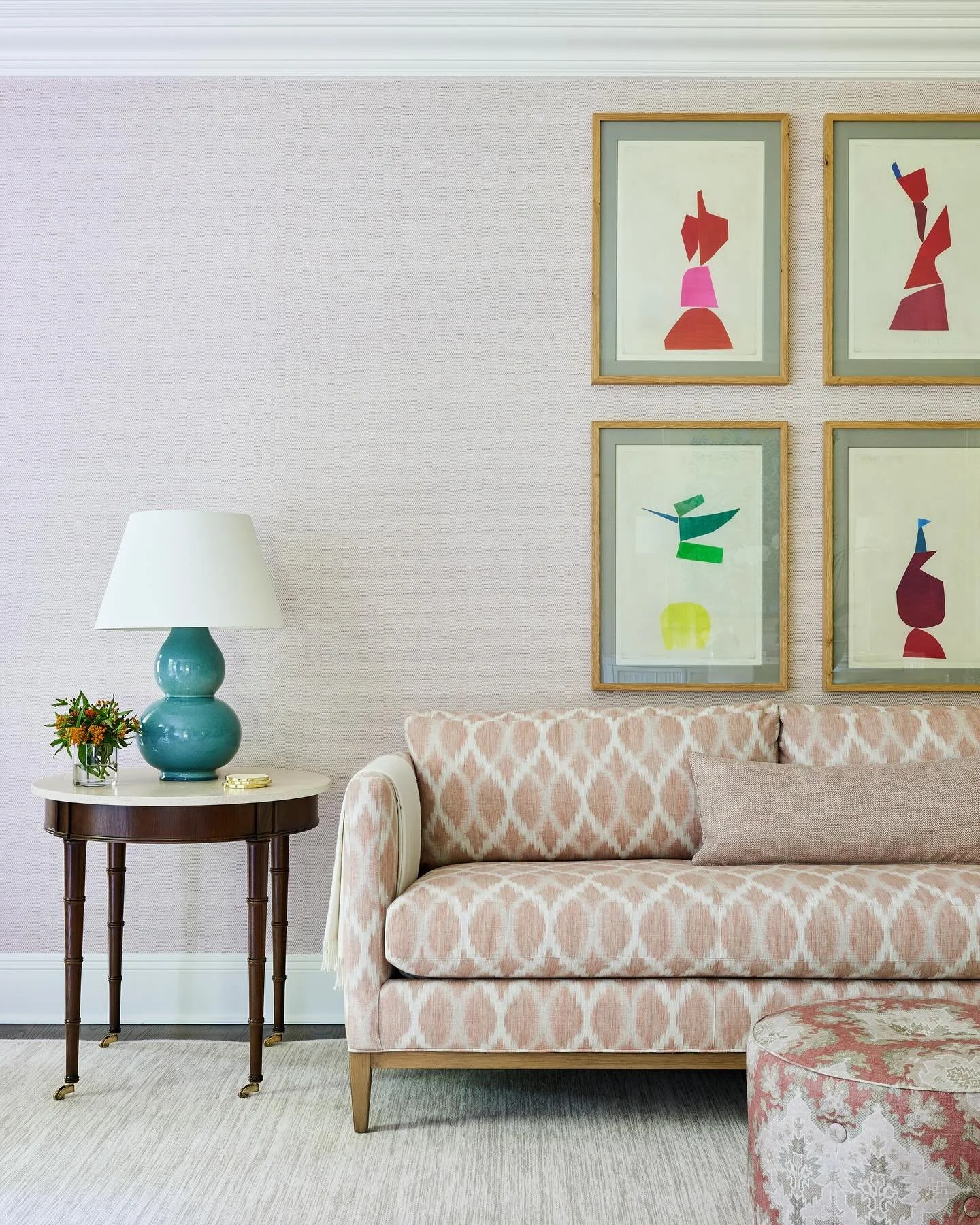 Color pops with a @susanhableart collage series &amp; mix of @cowtanandtout fabrics 🩷💚

Design @michelletremontboyd 
Photo @kirstenrfrancis