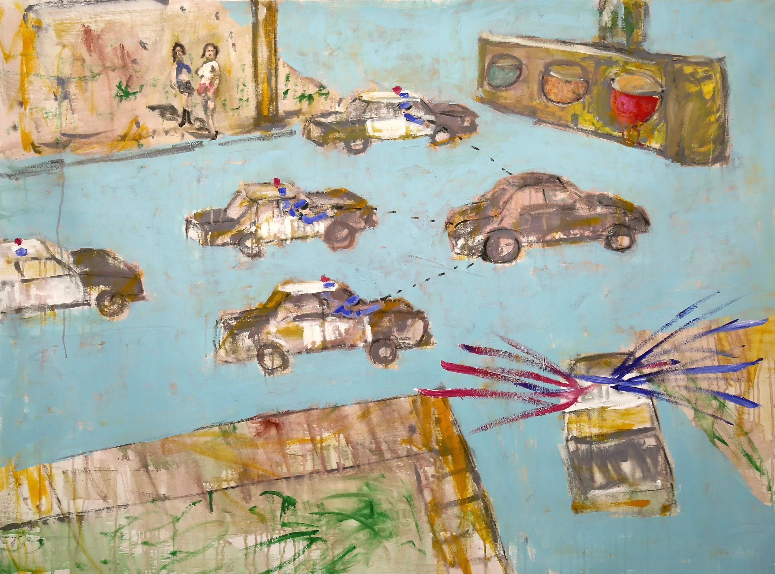 Car Chase. Acrylic on canvas, 56 x 42 inches.